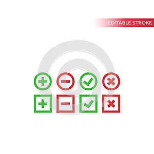 Tick, cross, plus and minus red and green thin line vector icon set.
