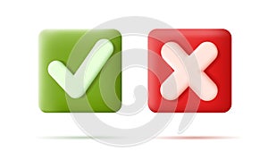 Tick and Cross Sign icons on 3d volume square buttons of green and red colors