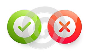 Tick and cross signs in frame. Green checkmark OK and red X icons. Symbols YES and NO button for vote, decision, web