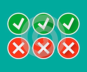 Tick and cross signs. Green checkmark OK and red X icon isolated on white background. Vector illustration