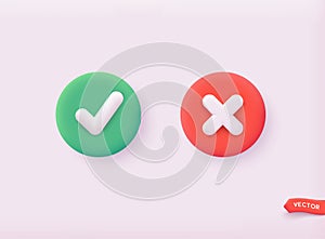 Tick and cross signs. Green checkmark OK and red X icons. 3D Web Vector Illustrations
