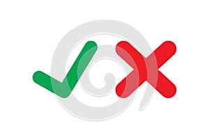 Tick and cross signs. Green checkmark OK and red X icons, isolated on white background