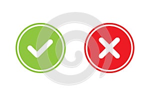 Tick and cross signs. Green checkmark OK and red X icons vector. Circle symbols YES and NO button for vote, decision, web, logo,