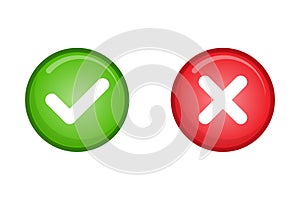 Tick and cross signs. Green checkmark OK and red X icons vector. Circle symbols YES and NO button for vote, decision, web, logo,