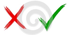 Tick and cross signs. Green checkmark OK and red X icons, Simple marks graphic design. Symbols YES and NO button for vote, Check