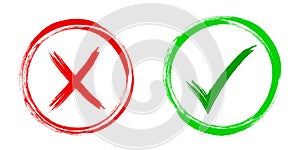 Tick and cross signs. Green checkmark OK and red X icons, Simple marks graphic design. Symbols YES and NO button for vote, Check