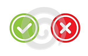 Tick and cross signs. Green checkmark OK and red X icons vector. Circle symbols YES and NO button for vote, decision, web, logo,