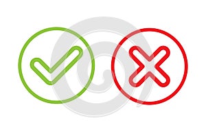 Tick and cross signs. Green checkmark OK and red X icons vector. Circle symbols YES and NO button for vote, decision, web, logo,