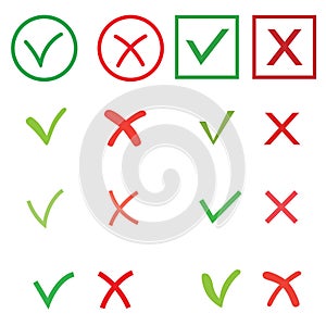 Tick and cross signs set. Green checkmark OK and red X icons, isolated on white background. Circle shape symbols YES and
