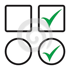 Tick icon vector symbol, checkmark isolated.Checkbox set with blank and checked checkbox vector icon.