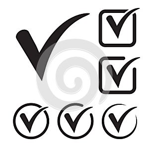 Tick icon vector symbol, checkmark isolated on white background, checked icon or correct choice sign, check mark or checkbox picto