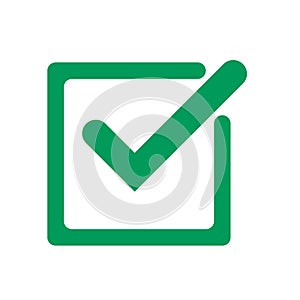 Tick icon vector symbol, green checkmark isolated on white background, check mark or checkbox pictogram