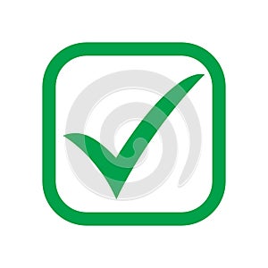 Tick icon vector symbol, green checkmark isolated on white background, check mark or checkbox pictogram, checked icon