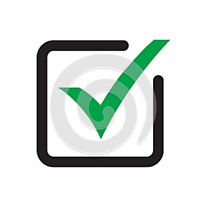 Tick icon vector symbol, green checkmark isolated on white background, check mark or checkbox pictogram, checked icon