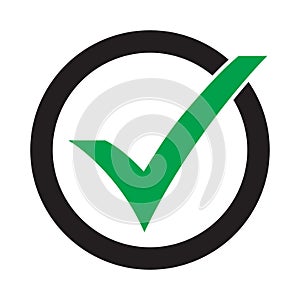 Tick icon vector symbol, green checkmark isolated on white background, check mark or checkbox pictogram, checked icon or correct c