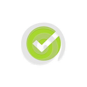 Tick icon vector symbol, green checkmark isolated on white background, checked icon or correct choice sign in round