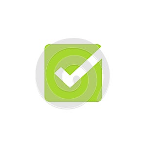 Tick icon vector symbol, green square checkmark isolated on white background, checked icon or correct choice sign, check