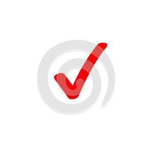 Tick icon vector symbol, marker red checkmark isolated on white, checked icon or correct choice sign doodle or photo