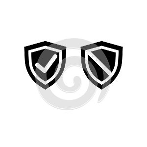 Tick mark approved on shield and security flat icon in black on isolated white background. EPS 10 vector