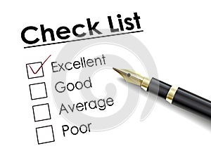 Tick placed in excellent check box with fountain pen