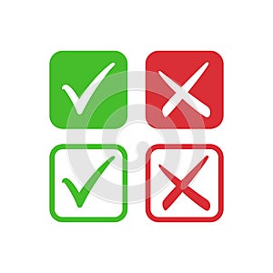 Tick symbol set in red and green circle, checkmark in checkbox vector icons.