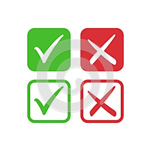 Tick symbol set in red and green circle, checkmark in checkbox vector icons. photo