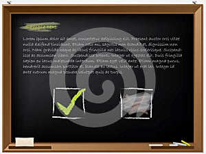 Tick and wiped cross on blackboard photo