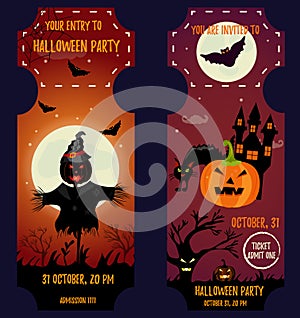 Ticket Halloween Party. Invitation template. Halloween background with creepy house, moon, scarecrow, scare pumpkin, cat and bats