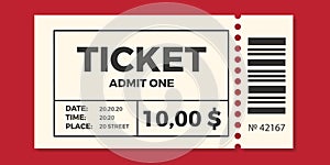 Ticket icon vector illustration in the flat style. Ticket stub isolated on a background. Retro cinema or movie tickets