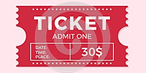 Ticket icon vector illustration in the flat style. Ticket stub isolated on a background. Retro cinema or movie tickets