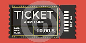Ticket icon vector illustration in the flat style. Ticket stub isolated on a background. Retro cinema or movie tickets photo