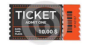 Ticket icon vector illustration in the flat style. Ticket stub isolated on a background. Retro cinema or movie tickets