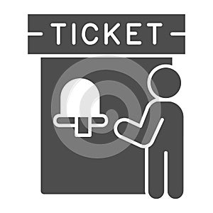 Ticket office and person solid icon, Public transport concept, ticket box sign on white background, man buy tickets in