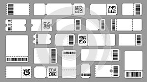 Ticket template with code. Barcode label with text, stub ticket with QR code and barcode. Mockup for event ticket vector