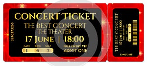 Ticket template, Concert ticket with stars tear-off ticket mockup on red starry glitter background