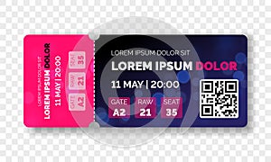 Ticket template modern trendy design. Vector admit ticket with event date and raw seat for cinema movie, live music concert or fes