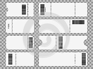 Ticket template set. Cinema, theater, concert and boarding tickets. Coupons for discounts and sales. Vector illustration