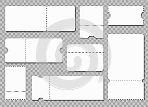 Ticket template. White blank coupon. Lottery raffle admit tickets, concert theater receipt isolated mockup