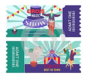Ticket to circus show, entertainment concept, vector illustration, vintage graphic design with carnival tent, retro