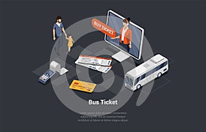 Tickets Buy App And Public Transport Concept. Male Character Buying Tickets At Online Ticket Office. Father And Daughter