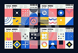 Tickets with geometric shapes. Abstract modern posters and flyers with brutalism shapes and primitive patterns