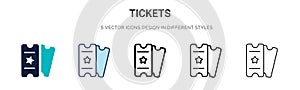 Tickets icon in filled, thin line, outline and stroke style. Vector illustration of two colored and black tickets vector icons