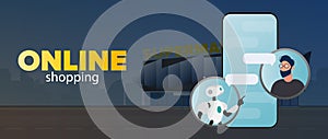 Tickets sale banner. A robot in dialogue with a man. Suitable for apps, sites and topics related to automatic replies and