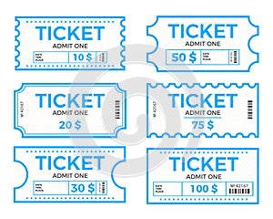 Tickets set, vector illustration in the flat style. Ticket stub isolated on a background. Retro cinema or movie tickets photo
