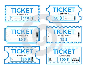 Tickets set, vector illustration in the flat style. Ticket stub isolated on a background. Retro cinema or movie tickets