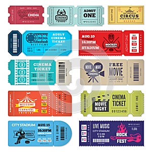 Tickets template. Events entrance tickets in cinema theater circus show concert admission vector design