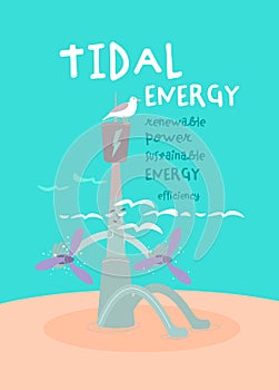 TIdal energy vertical poster with funny creative character. Vector illustration