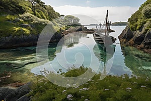 tidal pool, with viking ship at anchor, surrounded by underwater foliage