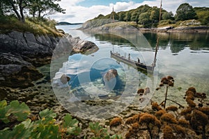 tidal pool, with viking ship at anchor, surrounded by underwater foliage