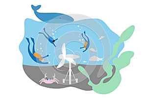 Tidal turbine on seabed, scuba divers and whale. Ecological environment concept. Alternative energy plant in ocean. Flat style